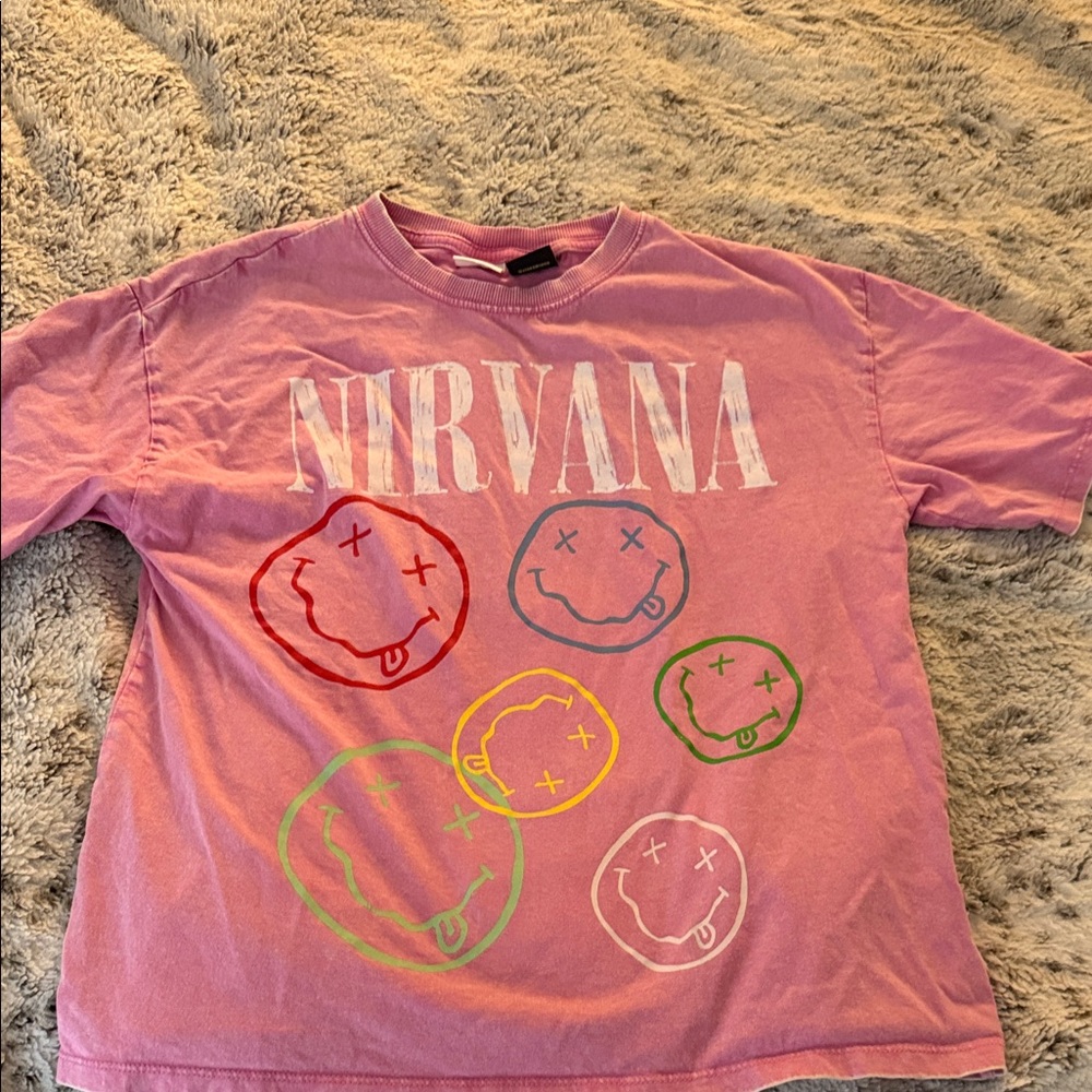 Zara NIRVANA Pink Tee with Colorful Smiley Faces
